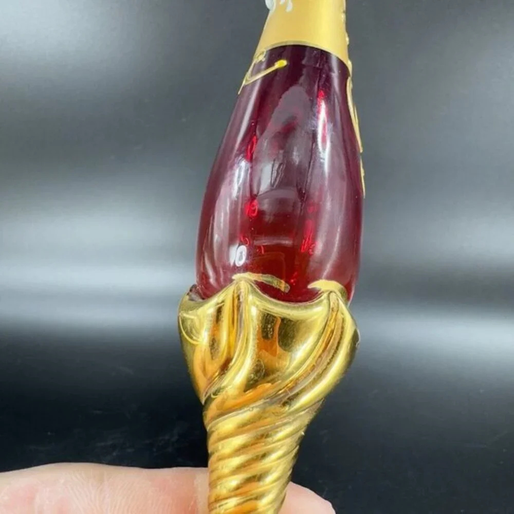 Venetian Art Glass Vase Raised Flowers Ruby Red Heavy Gold Painted Made In Italy